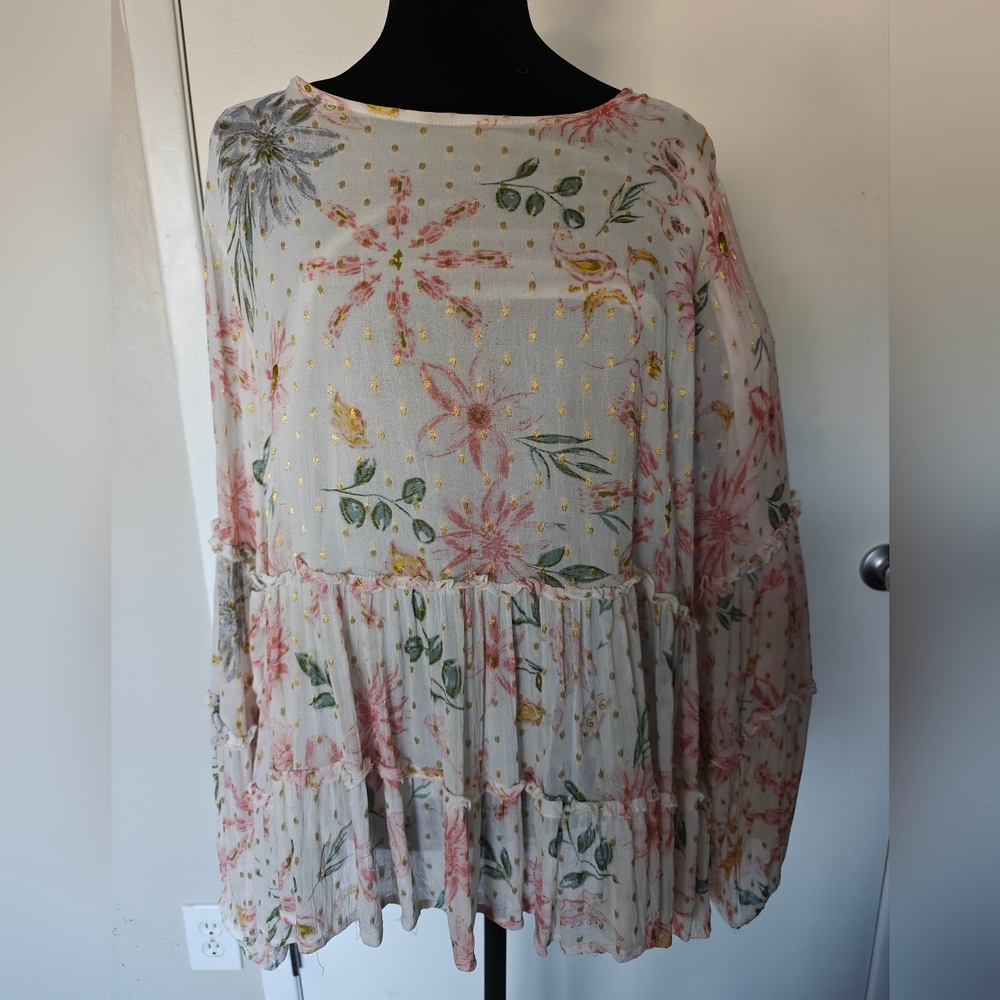 Chiffon Tunic Blouse L Champagne Gold Embroidery EUC Floral